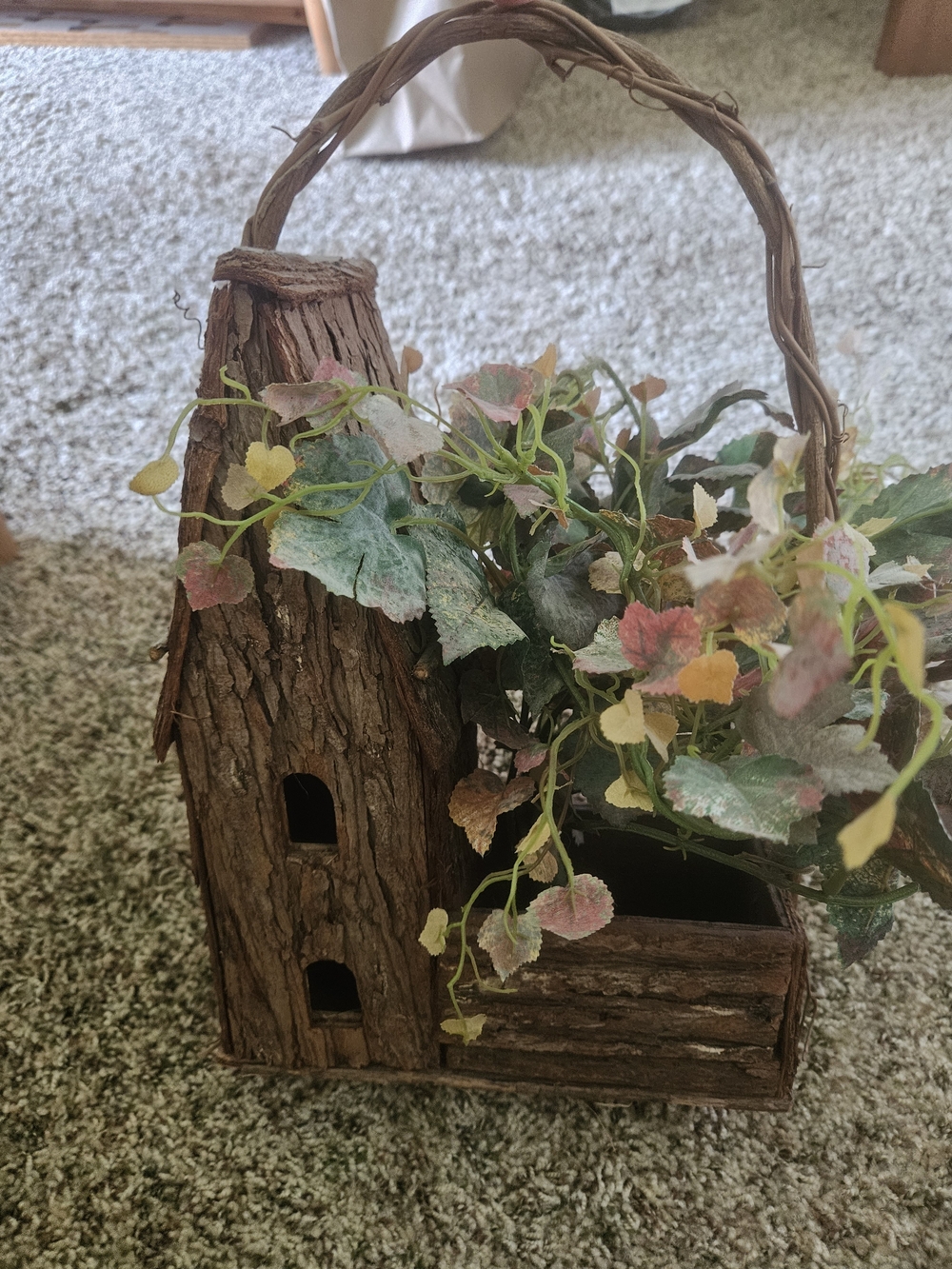 Rustic Bark Planter Basket with Multicolor Foliage